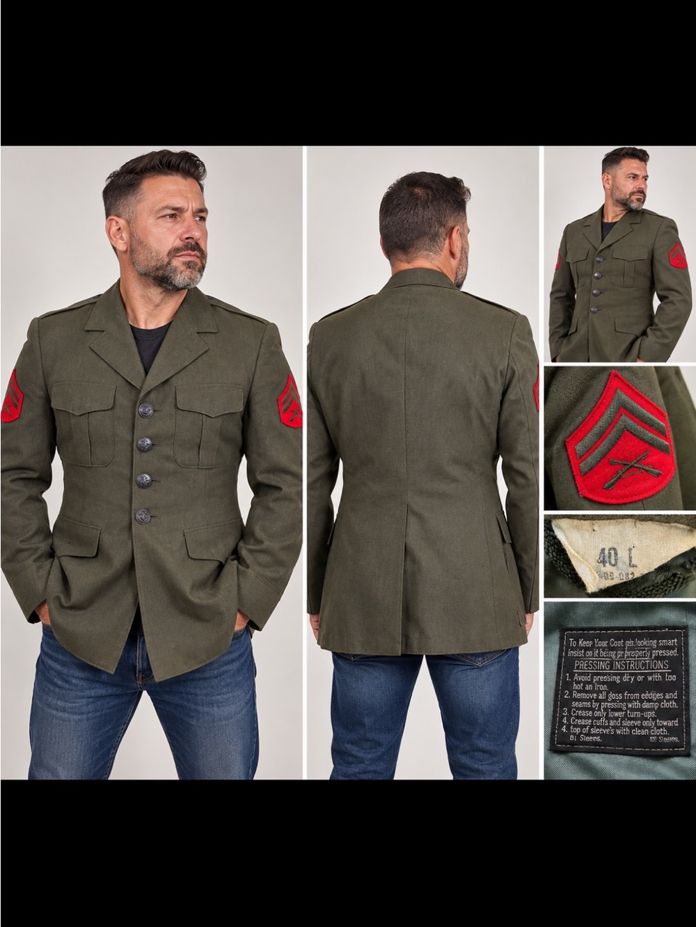 Vintage US MarineOlive Green Military Field Jacket with Red Chevron Sleeve Patch